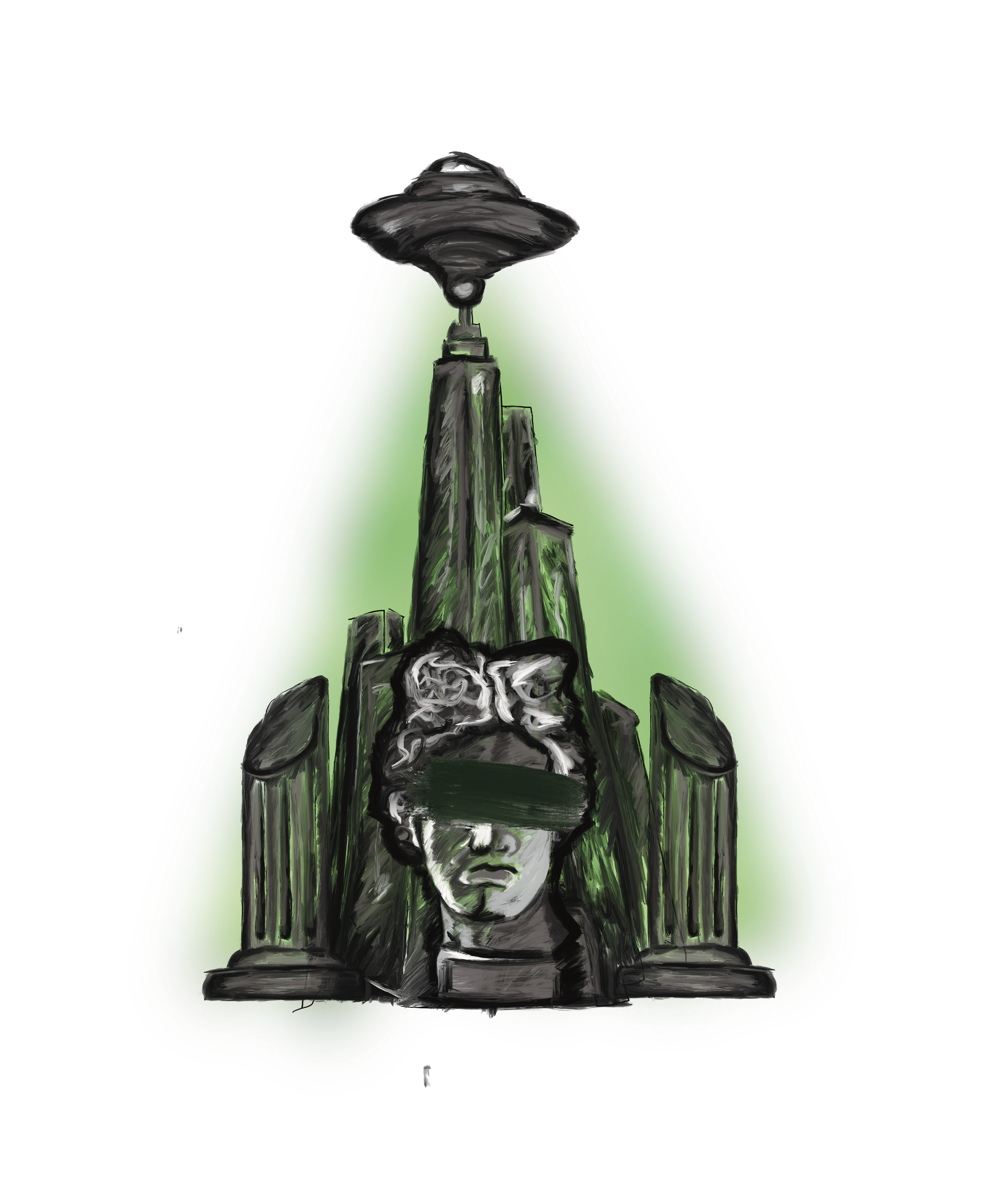 Series 01 artwork — urban monument with UFO beam